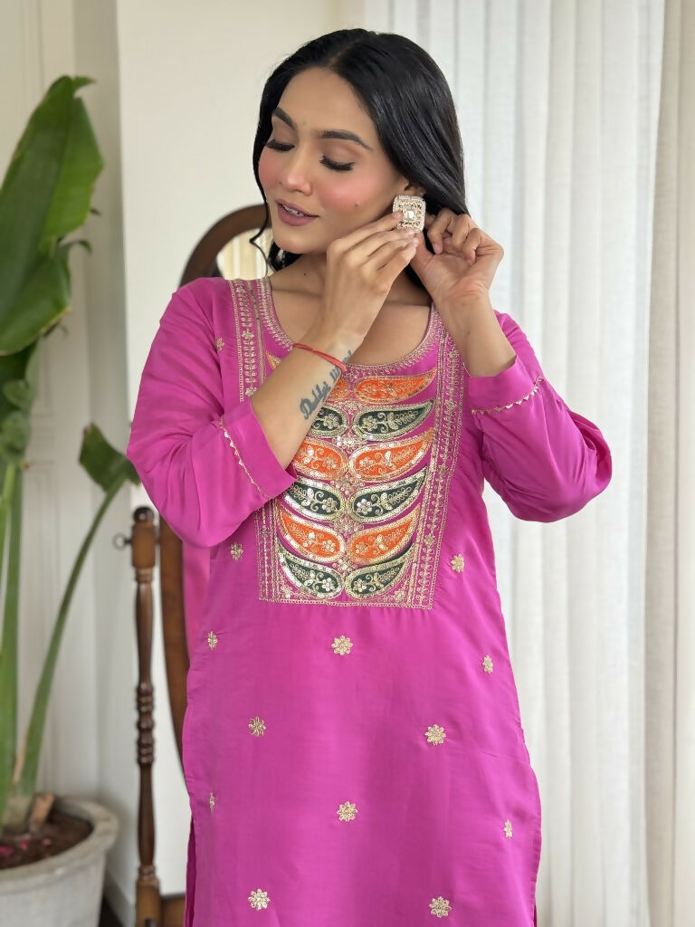 Light purple Viscose Chanderi Stitched Suit With Dupatta - Tanisha | Swadesiicart