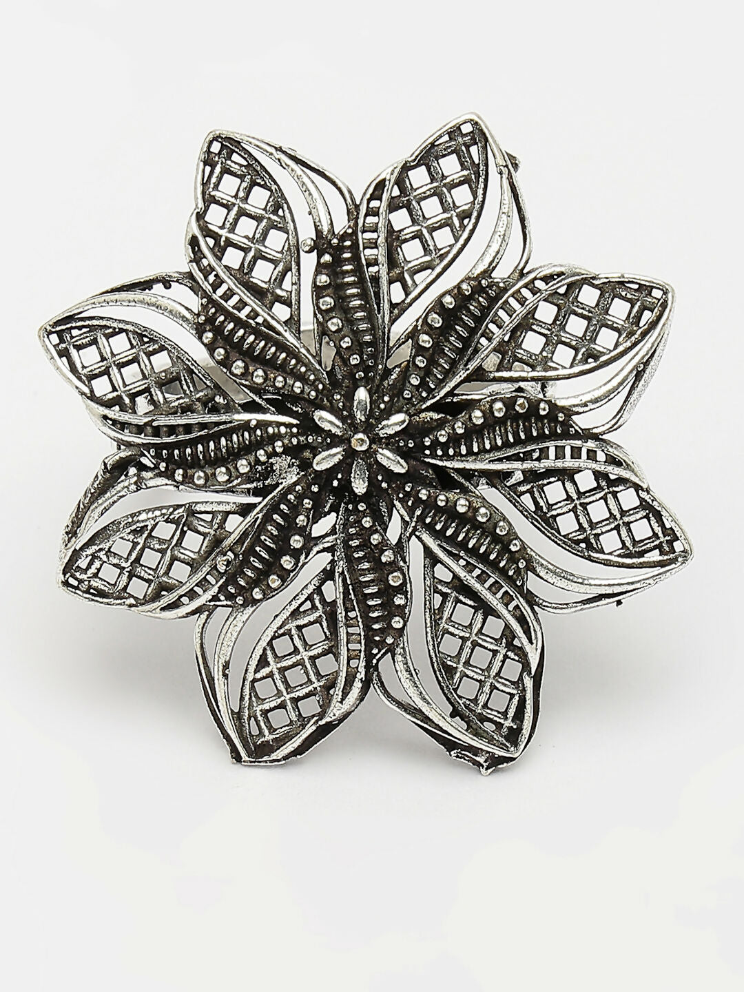 NVR Women's Silver-Toned Floral Shape Adjustable Finger Ring | Swadesiicart