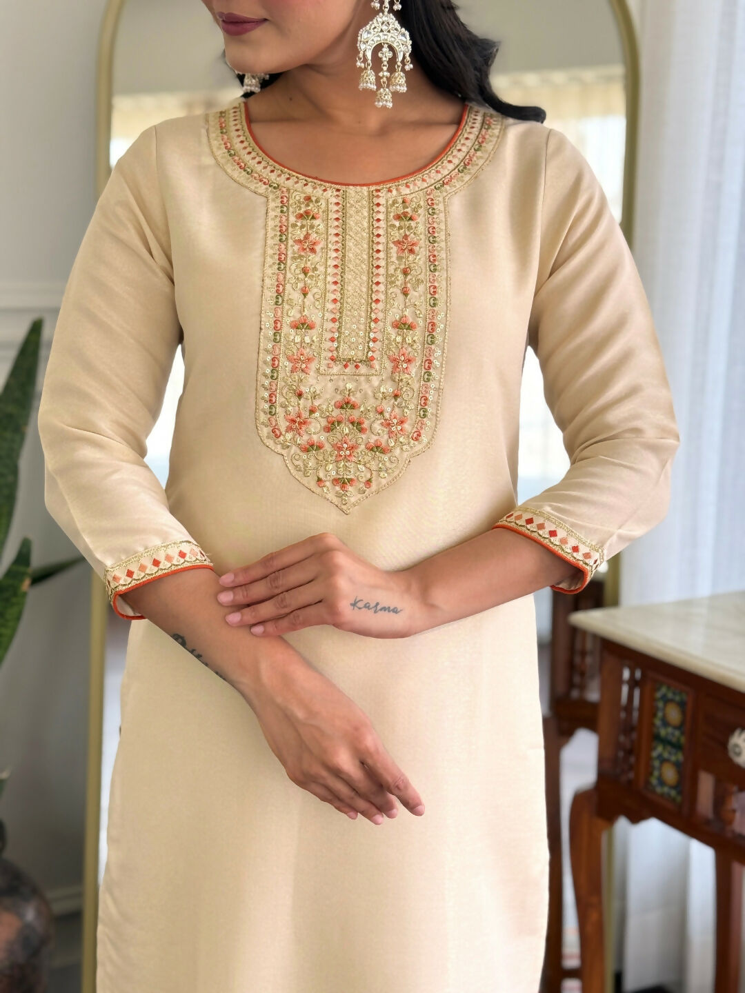 The52 Chiku Women's Beautiful Rayon Fabric Embroidered Work Straight Kurta Pant and Dupatta Set - Swadesiicart