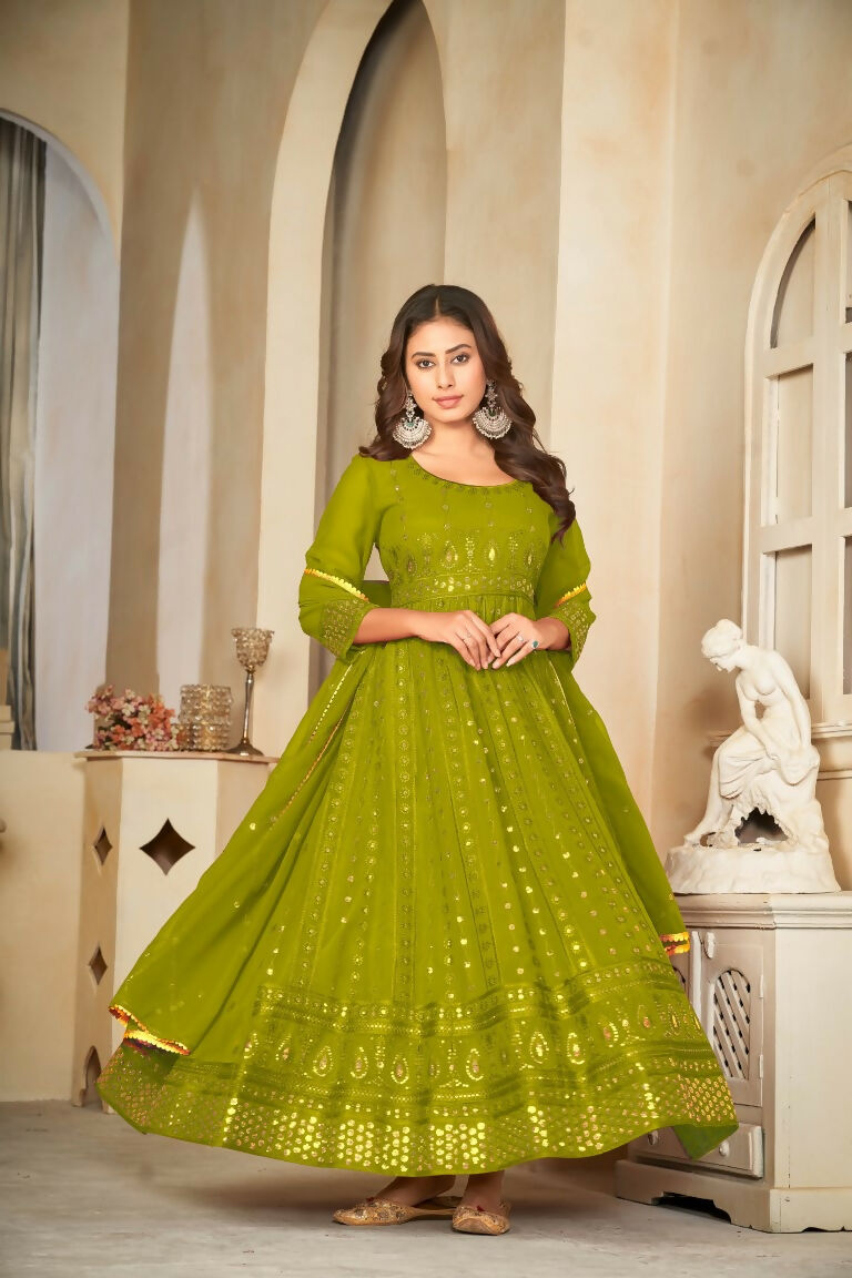 Jyoti Fashion Women's Mehendi Georgette Embroidered Anarkali Kurta Pant Set With Dupatta | Swadesiicart