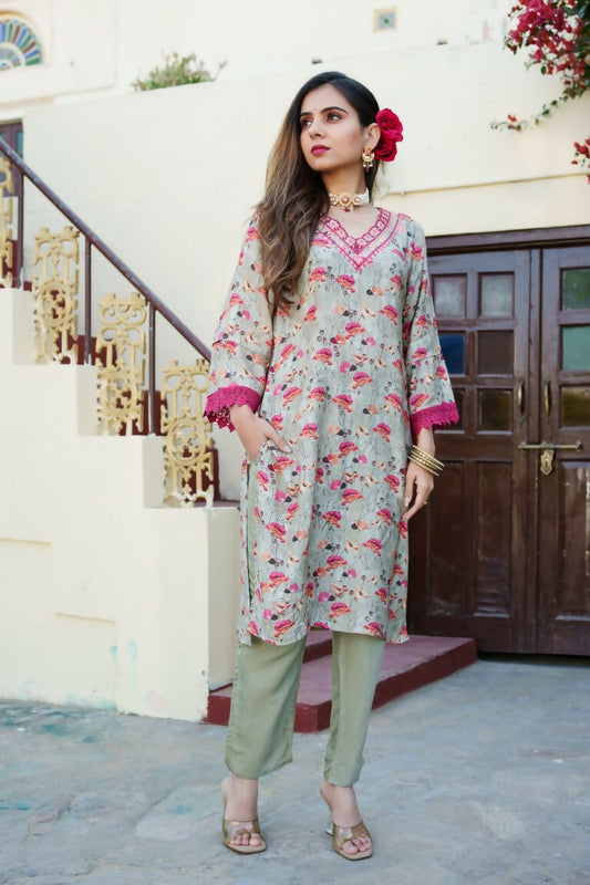 Vaasva Women Pista Green Muslin Embroidered Kurta & Pant Set | Swadesiicart