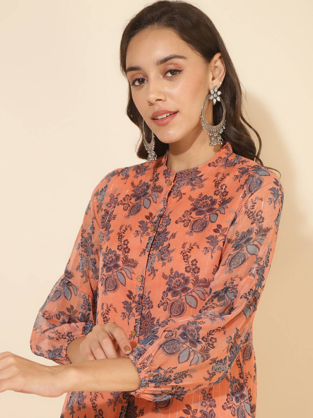 Janasya Women's Peach Chiffon Lurex Floral Printed Festive Regular Co-ords - Swadesiicart