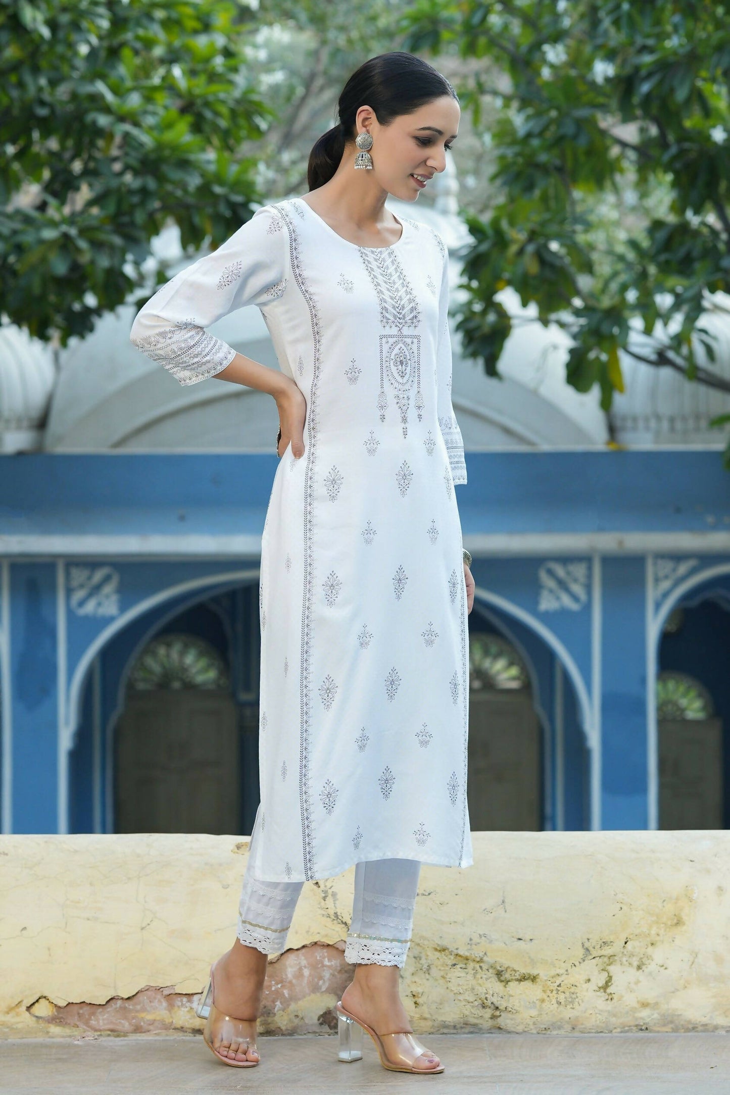 Juniper Women's White Rayon Placement Printed Straight Kurta | Swadesiicart