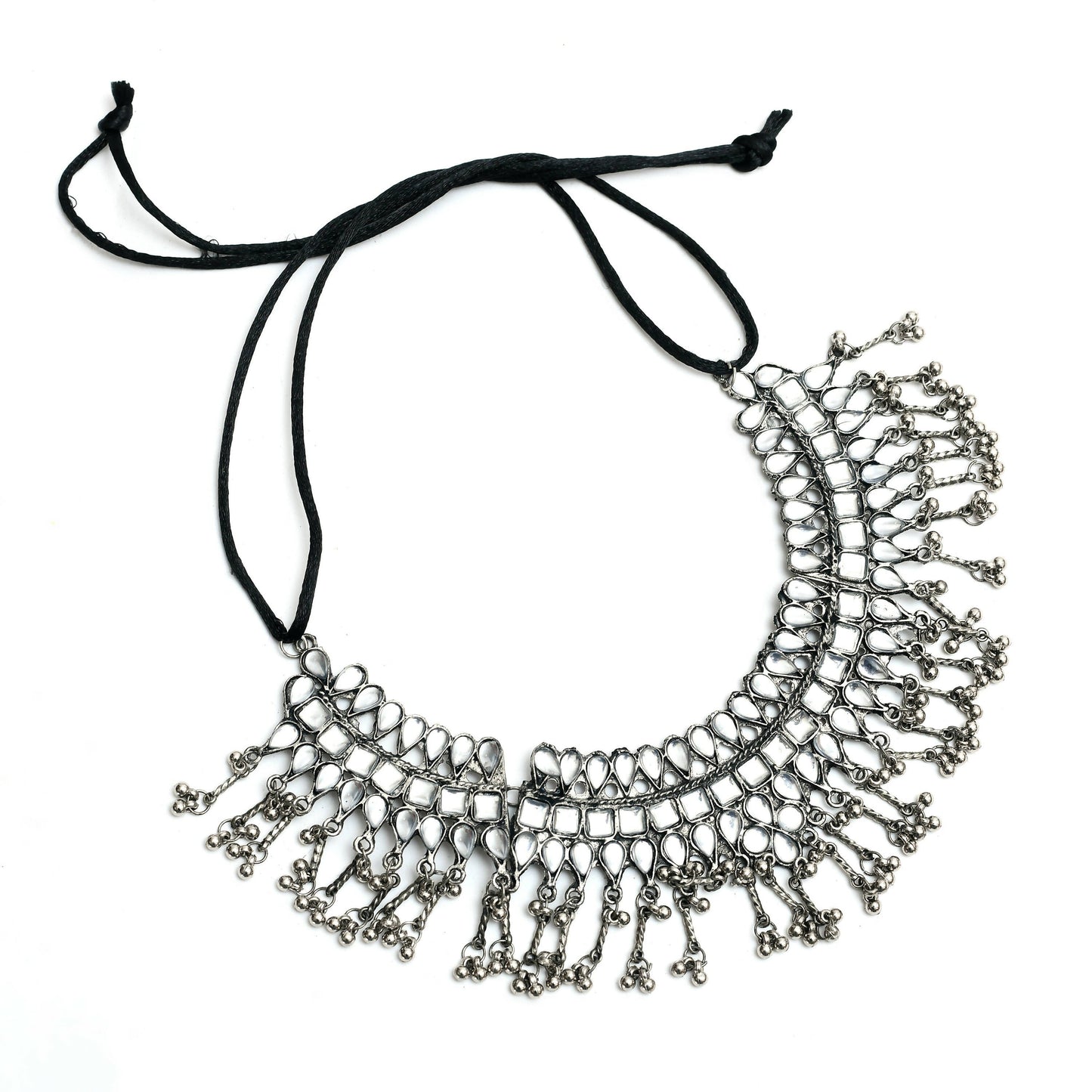 Mominos Fashion Johar Kamal Oxidised Silver-Plated Brass Finish Kundan Necklace For Women (Silver) | Swadesiicart