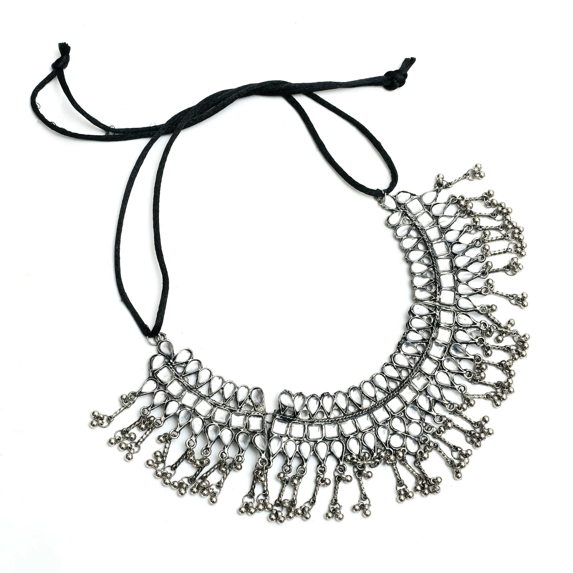 Mominos Fashion Johar Kamal Oxidised Silver-Plated Brass Finish Kundan Necklace For Women (Silver) | Swadesiicart