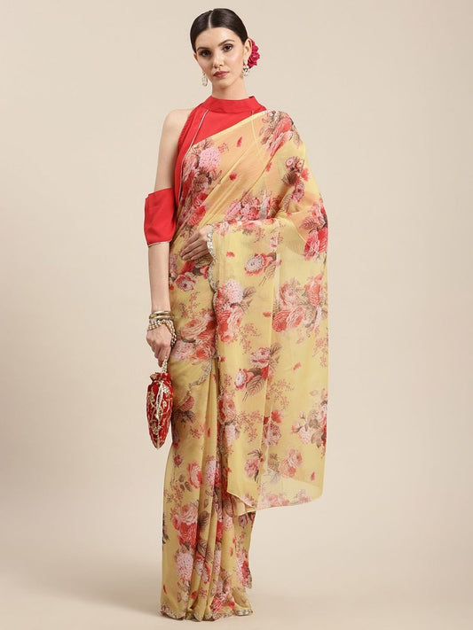 Ahalyaa Women's Yellow Chiffon Digital Print Floral Saree | Swadesiicart