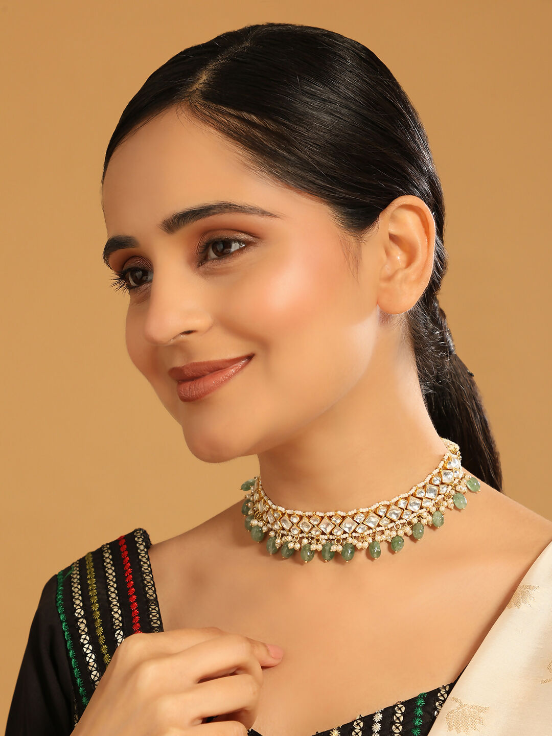 Nuyug 22K Gold Plated Royal Kundan Necklace with Green Stones | Swadesiicart