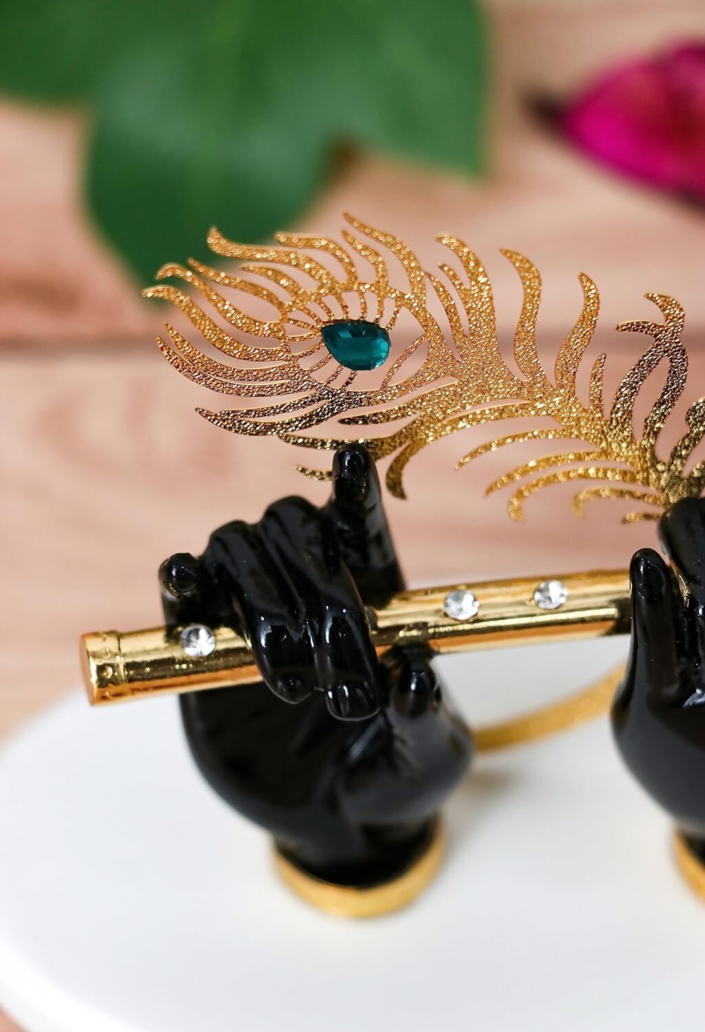 House Of Wemy Gold-Polished Lord Krishna Hands Idol with Flute and Pecock Feather - Black - Swadesiicart