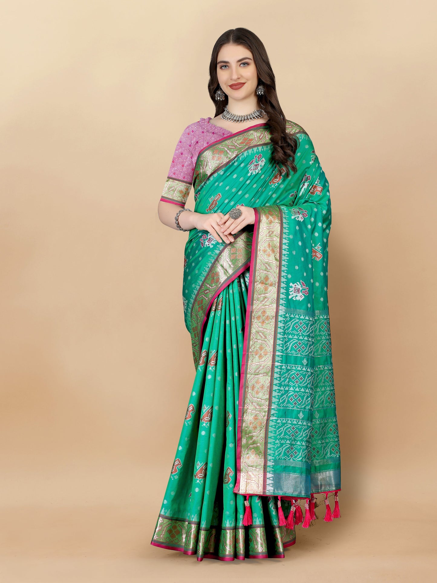 Lorenvalley Fashion Soft Silk Patola Weaving With Beautiful Rich Pallu With Blouse - Teal - Swadesiicart