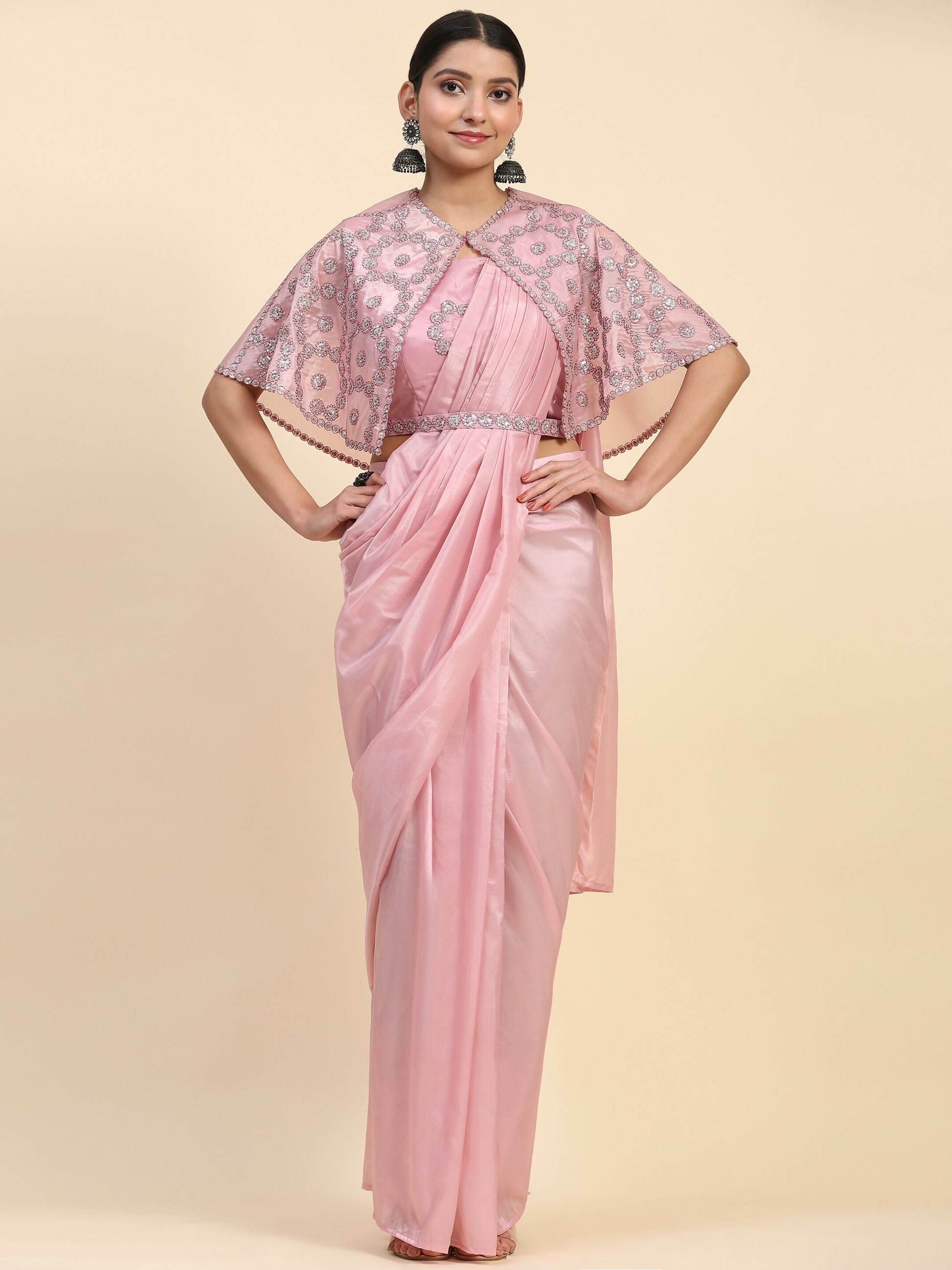 Pink Satin Solid Ready to wear Saree with stitched Blouse - Vanita | Swadesiicart