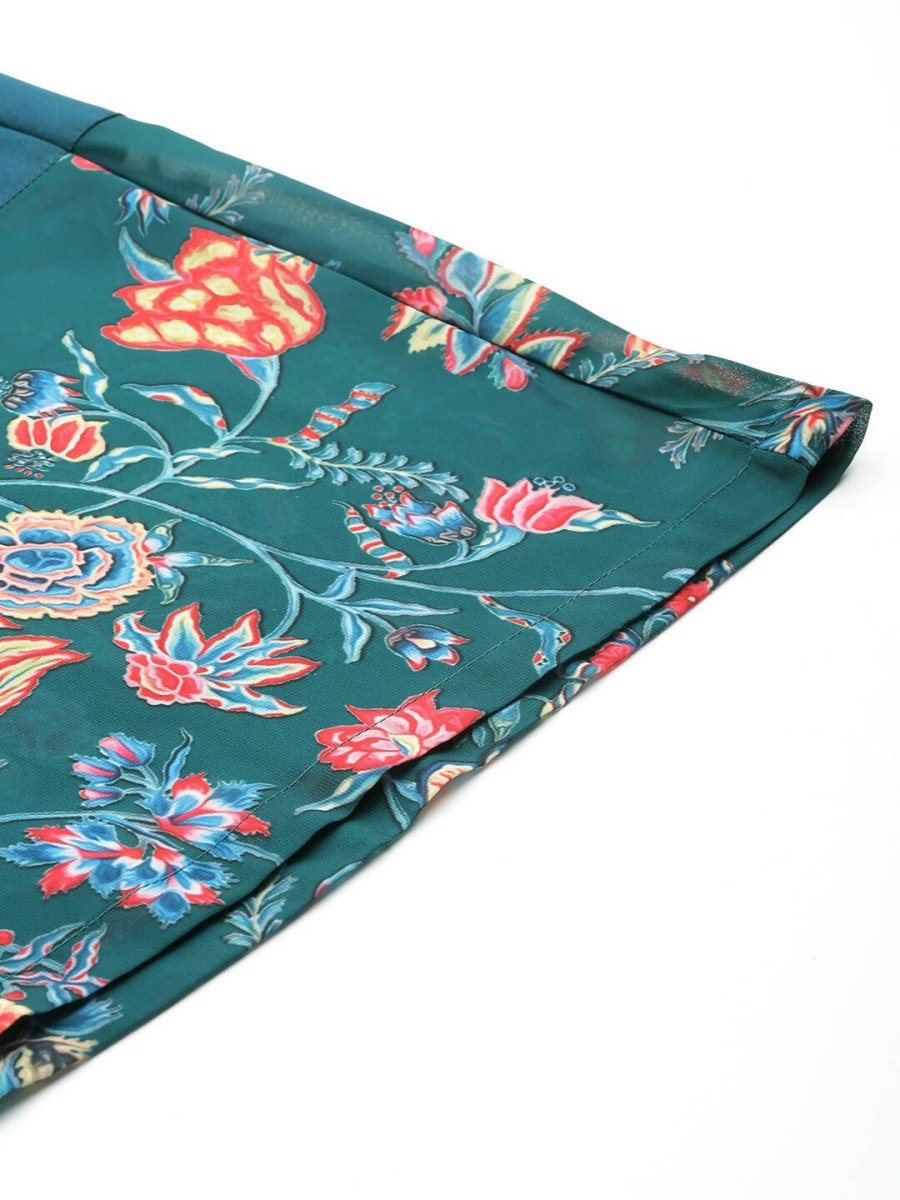 Ahalyaa Women Floral Printed Angrakha Kurta with Palazzos - Green Color | Swadesiicart
