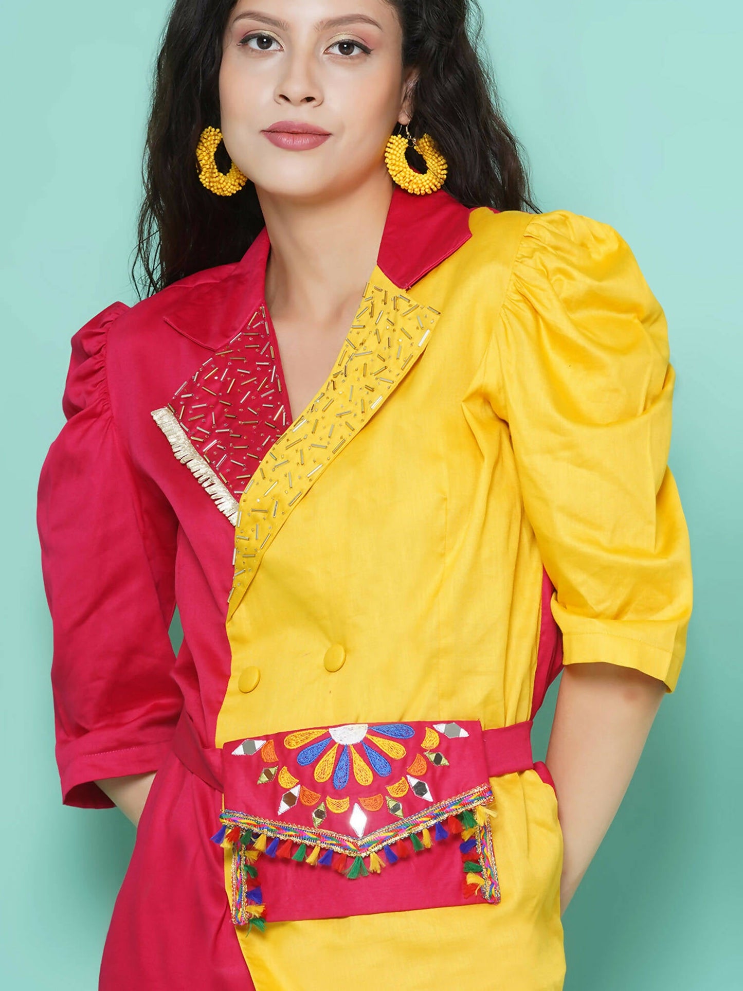 Women Republic Pink And Yellow Cotton Silk hand Embellished Coord set with Pouch | Swadesiicart