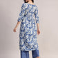 Aavyora Women's Blue Floral Printed Cotton Kurta with Chevron Pattern Palazzo Set