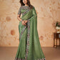 Green Banarasi Crush Silk Thread, Sequence, Cord Embroidered with Stone & Mirror Work Saree - Mohmanthan Dakshika | Swadesiicart