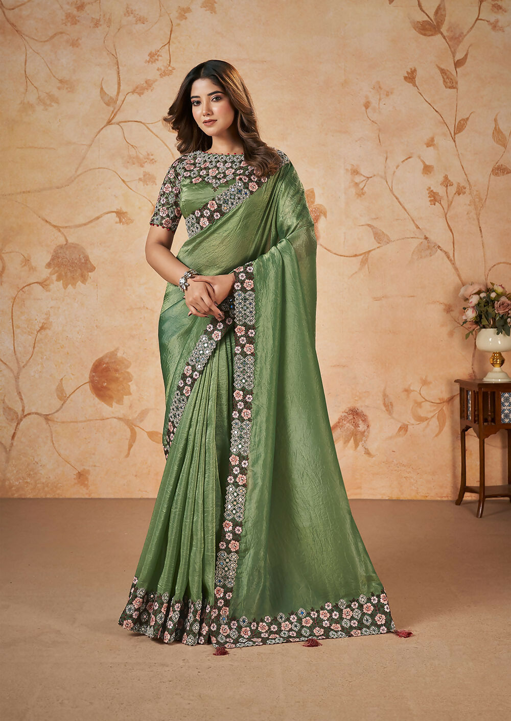 Green Banarasi Crush Silk Thread, Sequence, Cord Embroidered with Stone & Mirror Work Saree - Mohmanthan Dakshika | Swadesiicart