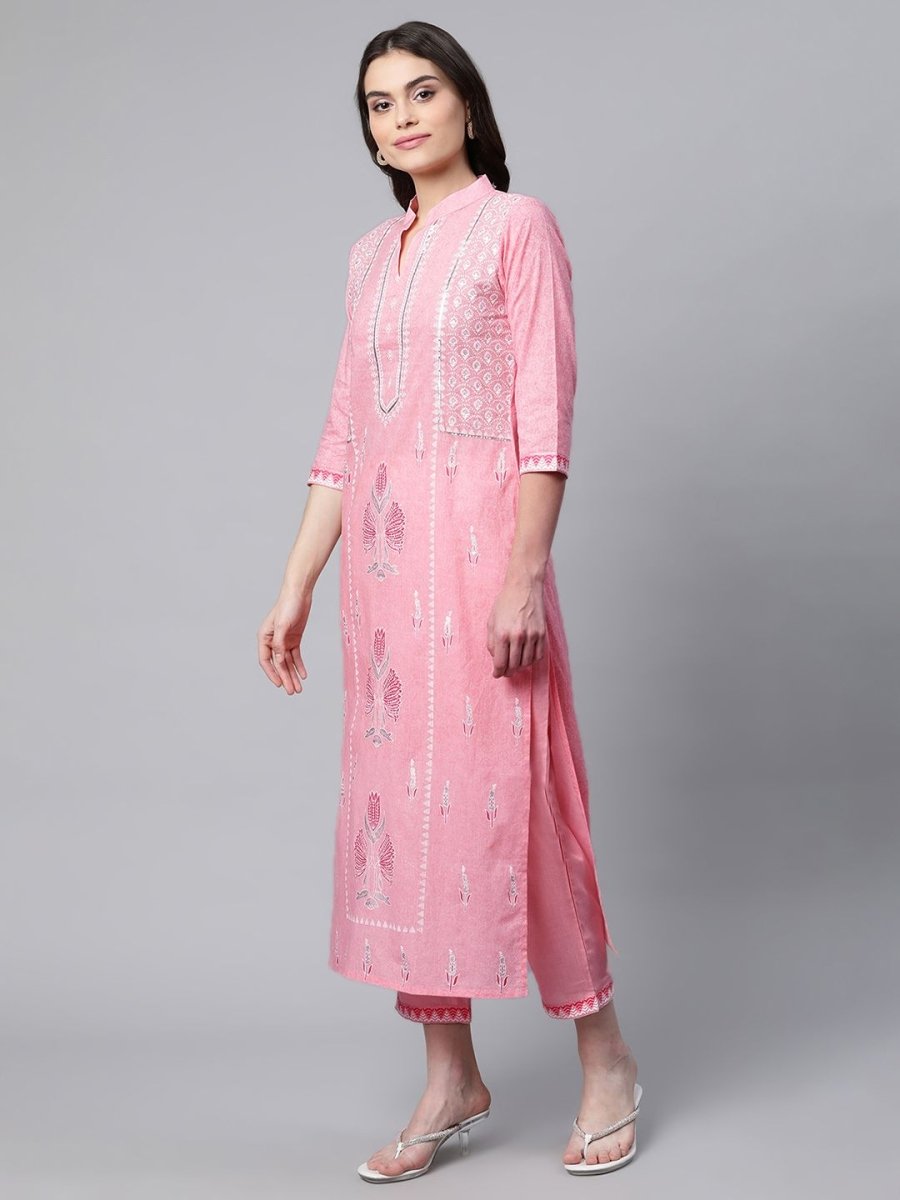 Ahalyaa Women Light Pink Colour Pure Cotton Printed Kurta Pant Set With Dupatta | Swadesiicart