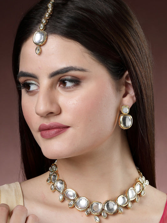 NVR Women's Gold Kundan-Studded Necklace and Earrings with Mang Tikka - NR Retail-NVR
