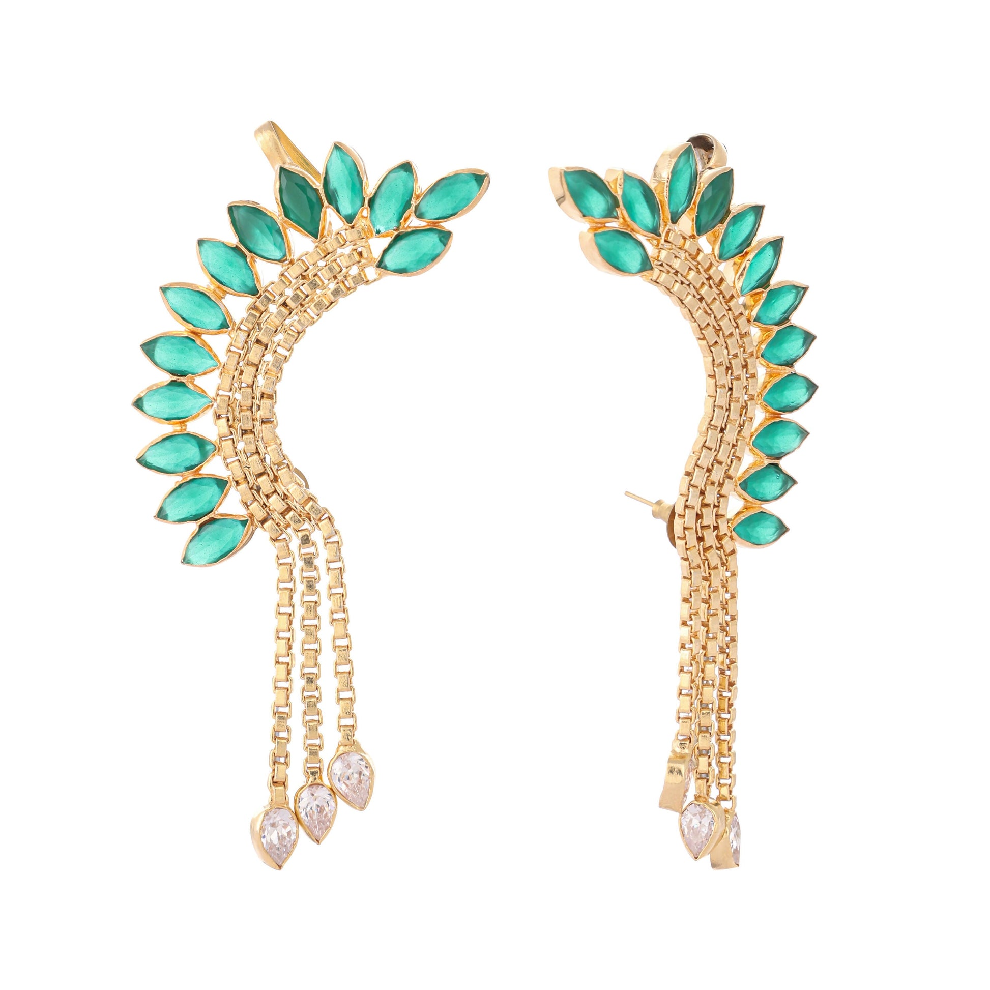 Nuyug 22K Gold Plated Faux Emerald Studded Contemporary Ear Cuff Earrings | Swadesiicart