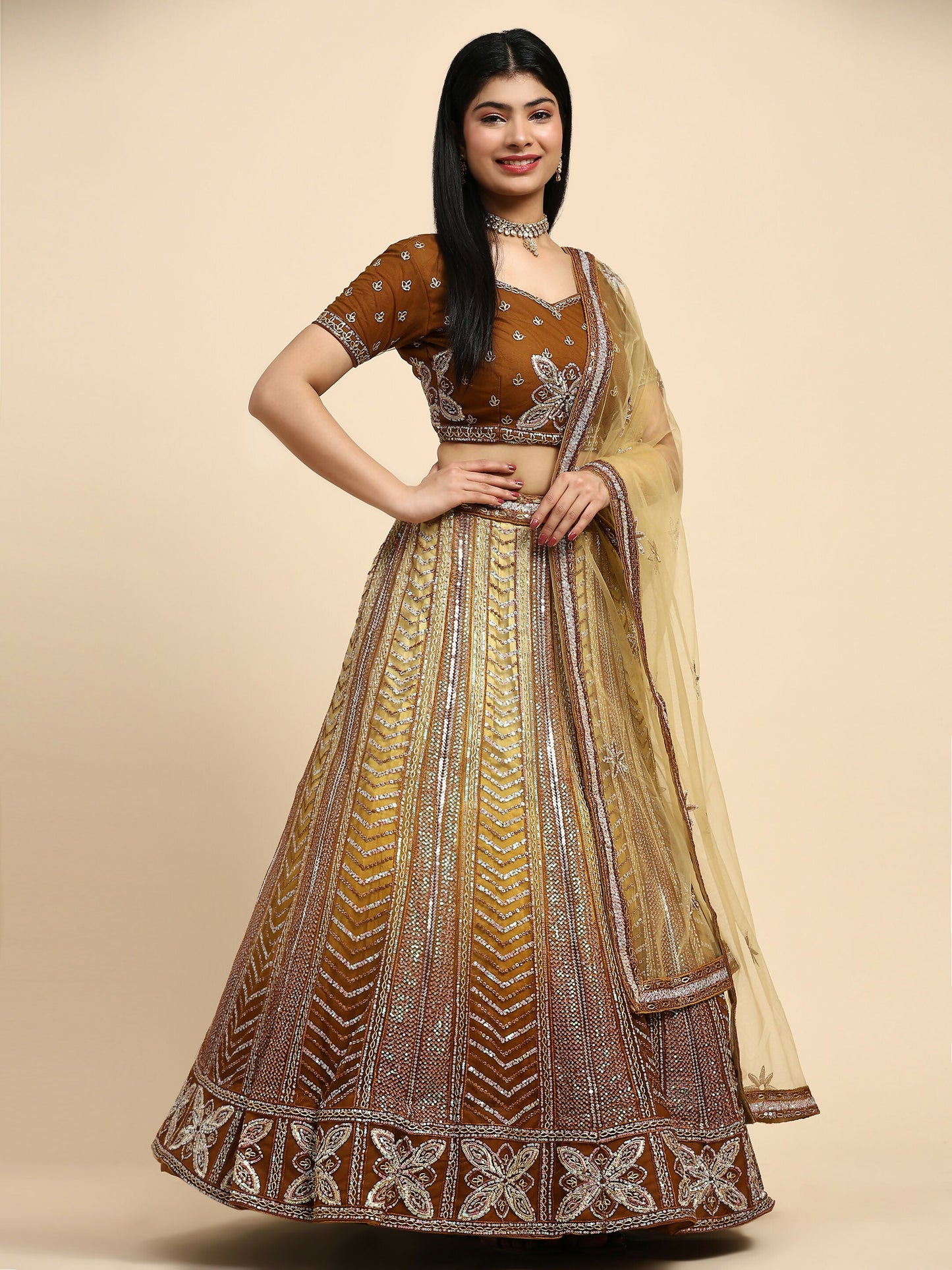 Brown Fancy Net Sequence Embroidered Lehenga Choli with Dupatta - Dhara | Swadesiicart