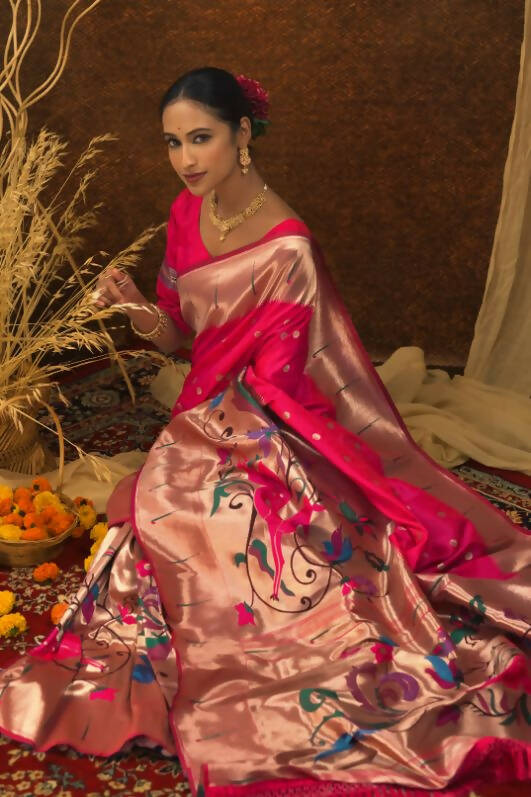 Vishnu Weaves Women's Pink Paithani Silk Zari Woven Saree with Unstitched Blouse - Swadesiicart