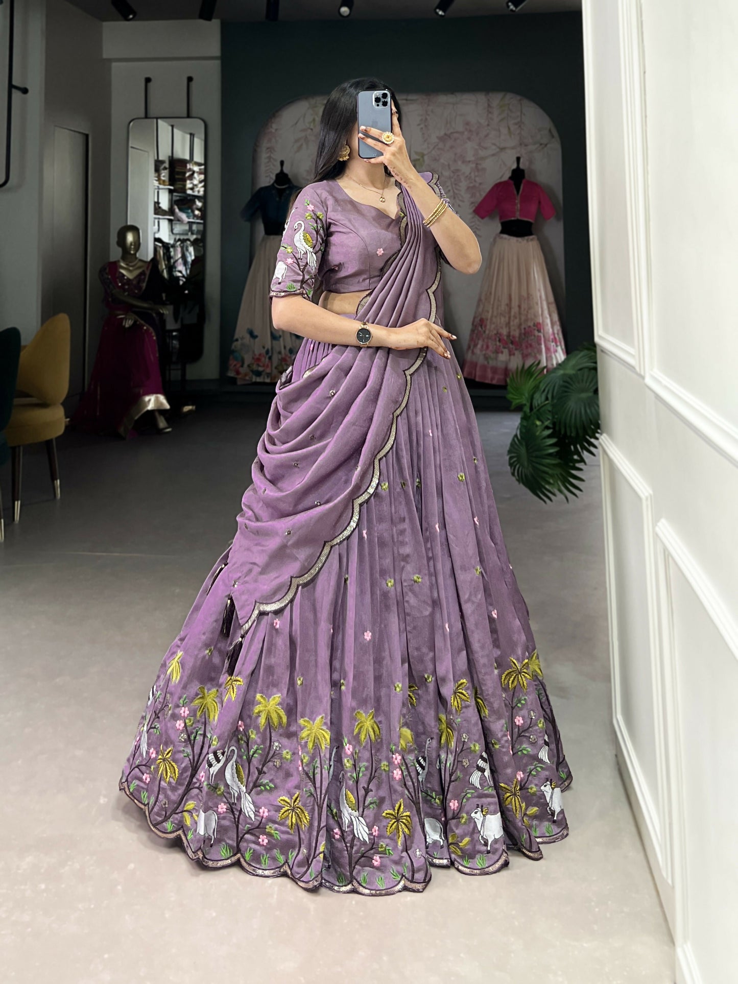 Lorenvalley Lavender Vichitra Simmer Sequins and Thread Embroidery Work Lehenga Choli | Swadesiicart