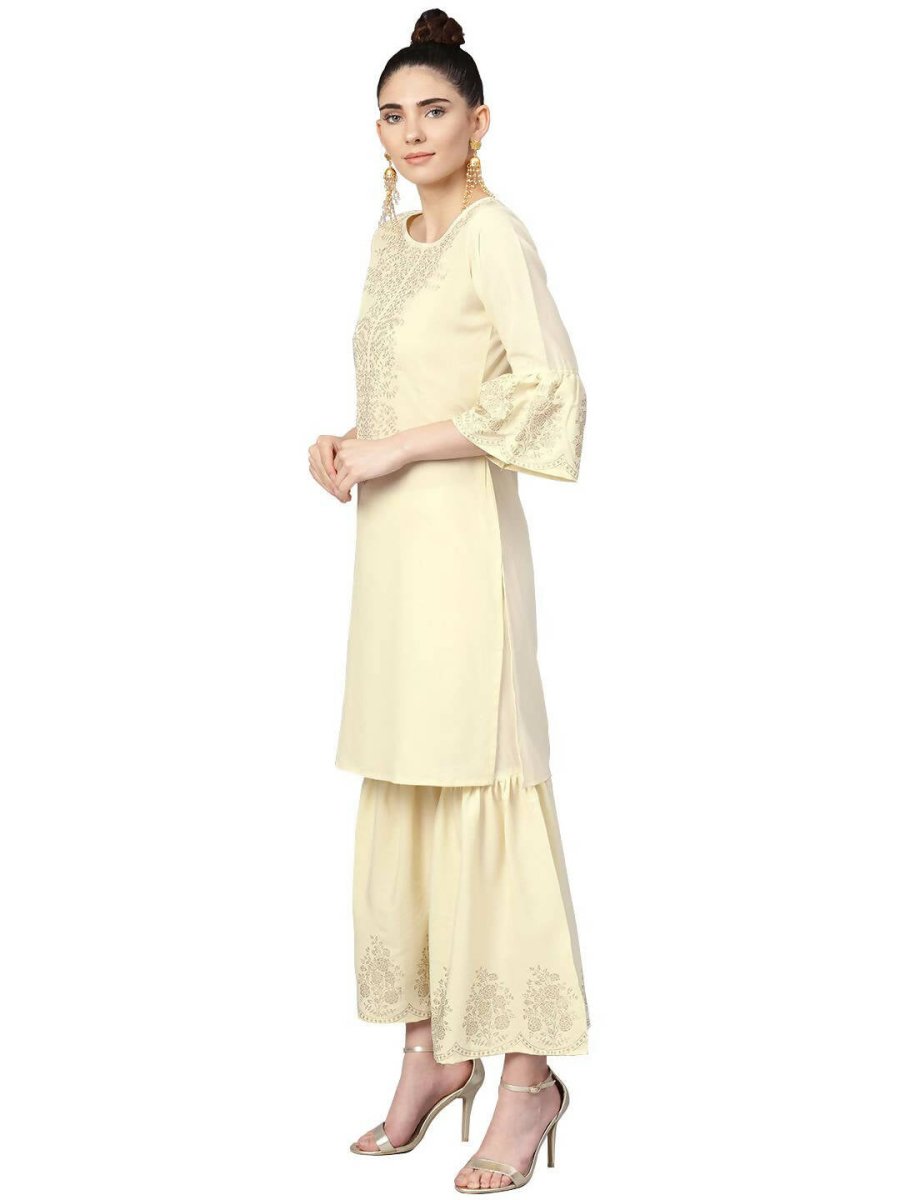 Ahalyaa Cream Crepe Glitter Print Kurta Sharara Set With Dupatta | Swadesiicart