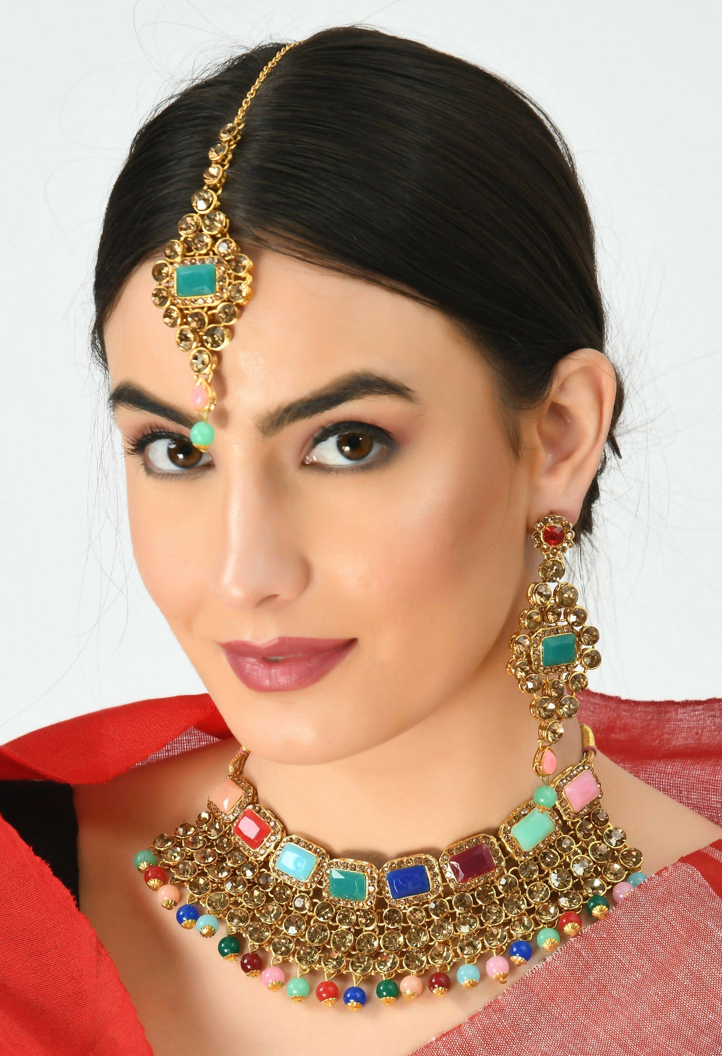 Mominos Fashion Johar Kamal Gold-Polished Rajwadi Design Heavy Multi Color Necklace Set For Women - Swadesiicart