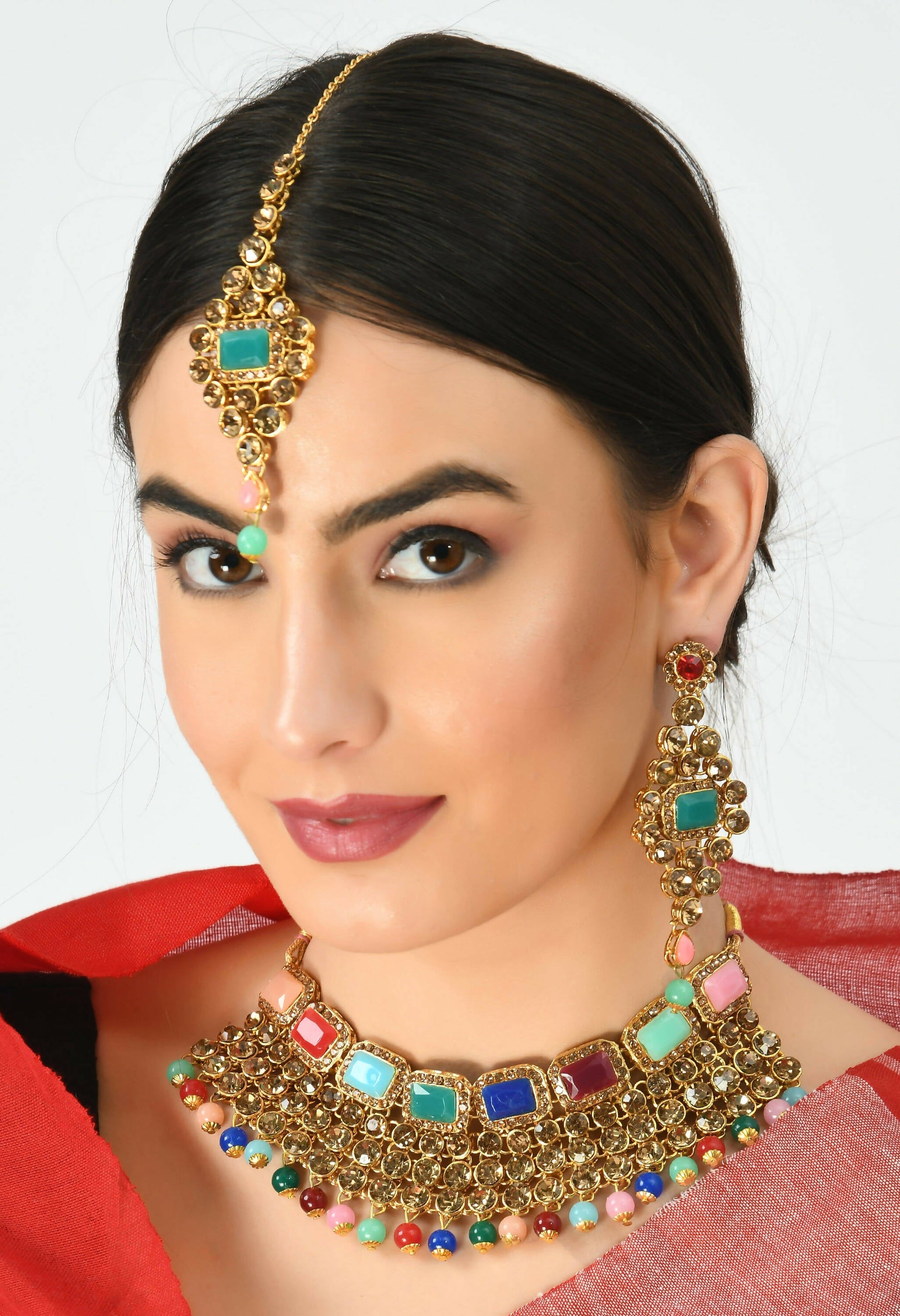 Mominos Fashion Johar Kamal Gold-Polished Rajwadi Design Heavy Multi Color Necklace Set For Women - Swadesiicart