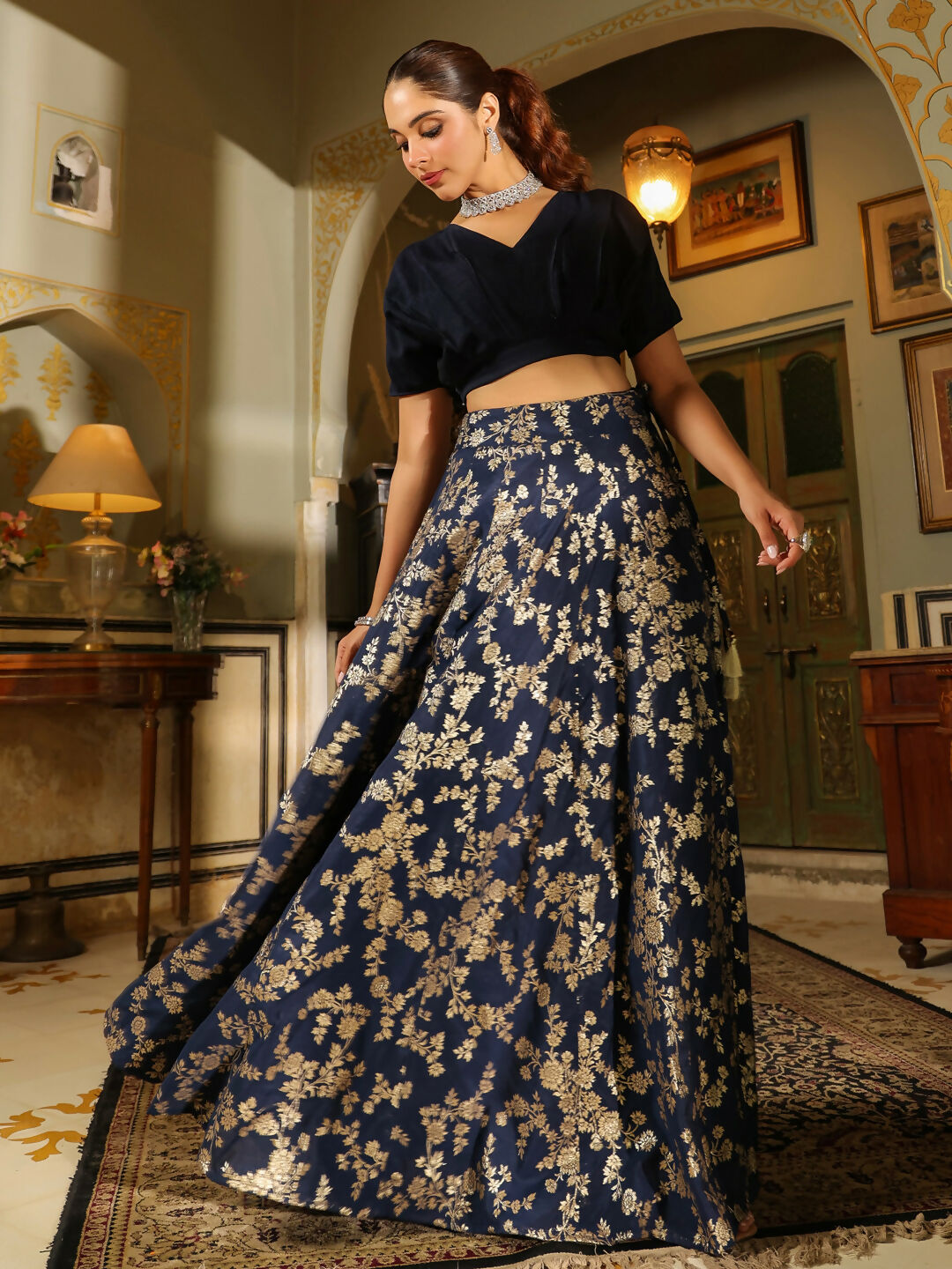 Janasya Navy Blue Silk Blend Solid Lehenga Choli | Swadesiicart