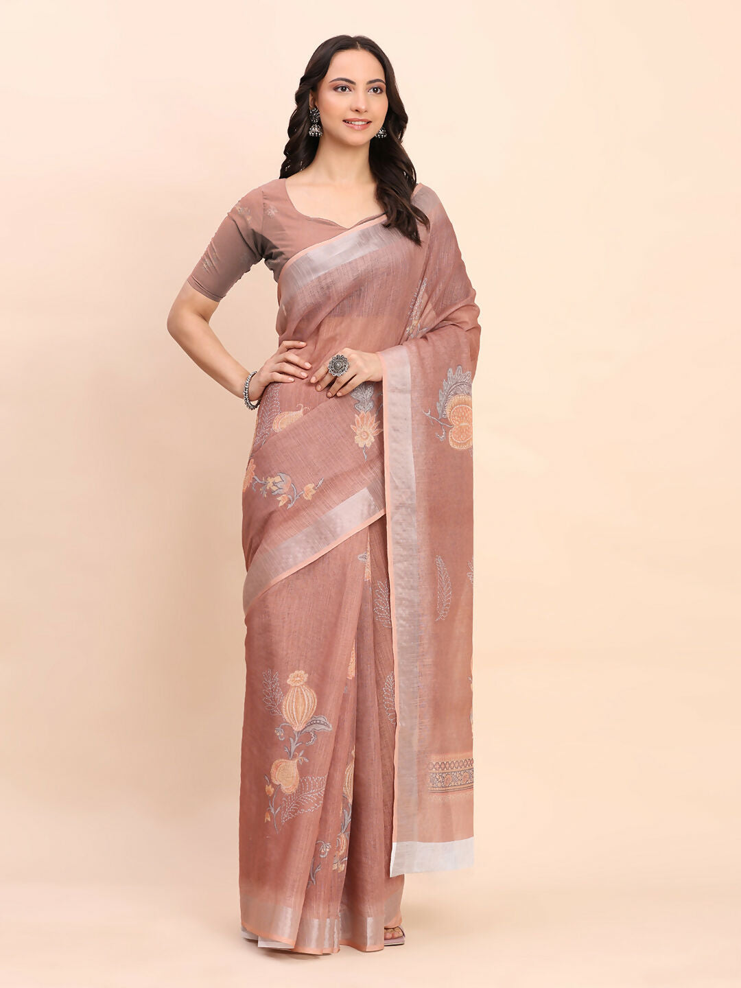 Shree Shyam Fashion Linen Cotton Brown Saree