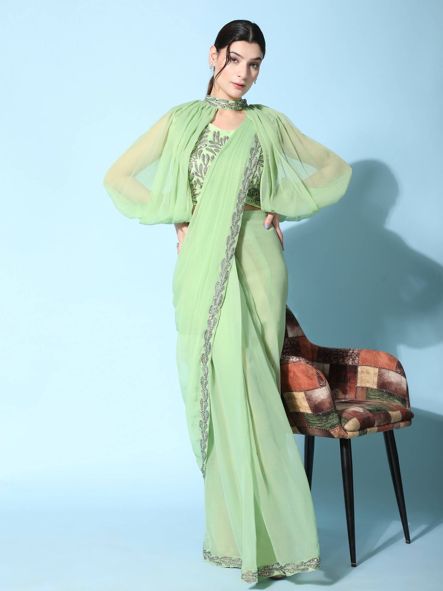 Green Fancy Pure Fabric Plain Ready to wear Saree with stitched Blouse - Vrinda | Swadesiicart