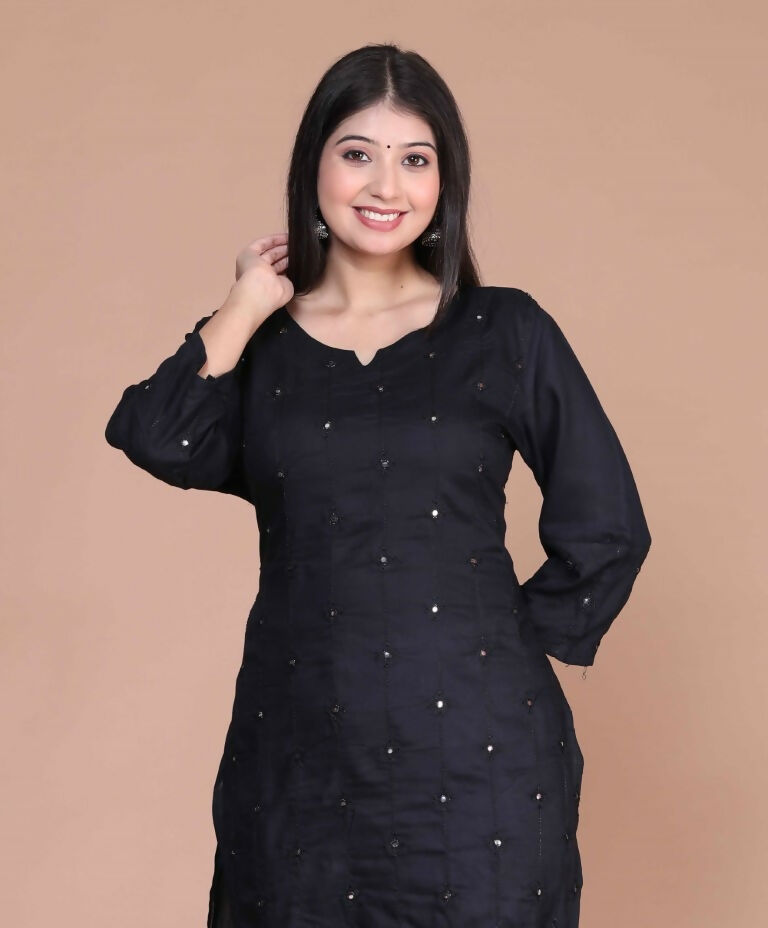 Miravan Women's Black Embroidered And Mirror Work Pakistani Straight Kurti - Swadesiicart