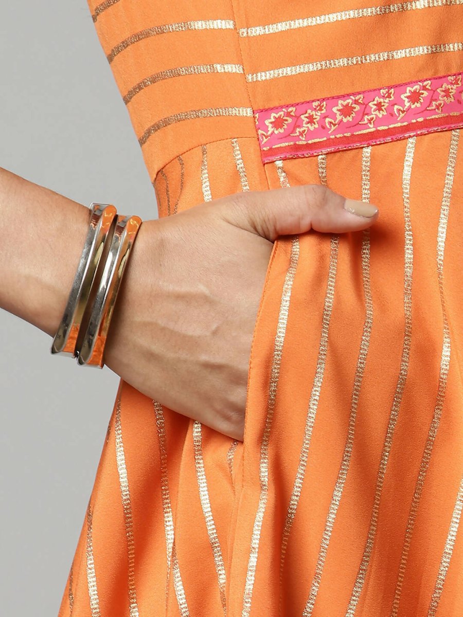 Ahalyaa Women's Orange Crepe Gold Print Dress | Swadesiicart