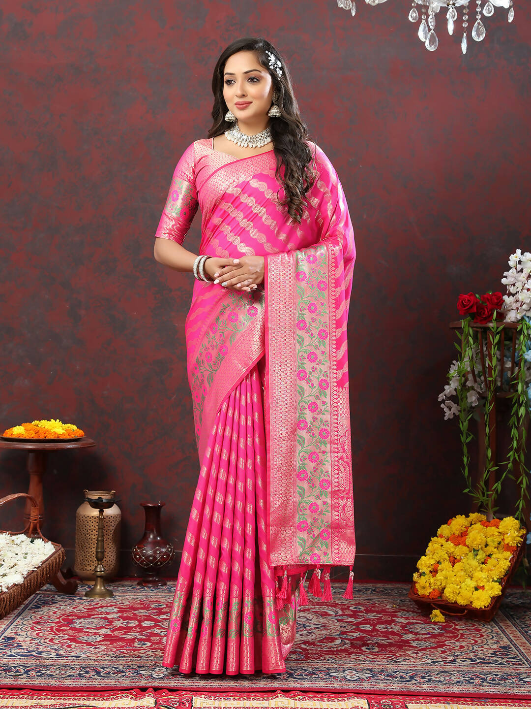Lorenvalley Fashion Pink Soft Silk Woven Design with Zari Weaving Leheriya Design Saree - Swadesiicart