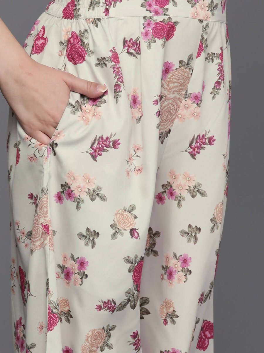 Ahalyaa Women Floral Printed Tunic with Palazzos - Beige Color | Swadesiicart
