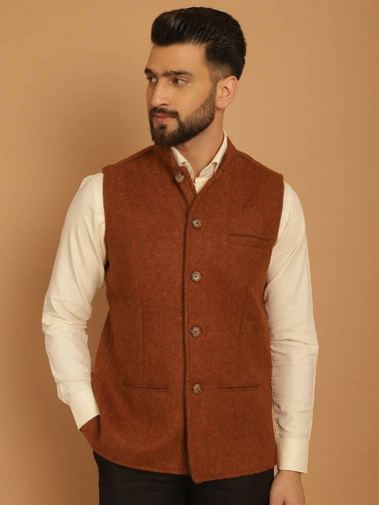 Even Apparels Pure Wool Nehru Jacket - Brown | Swadesiicart