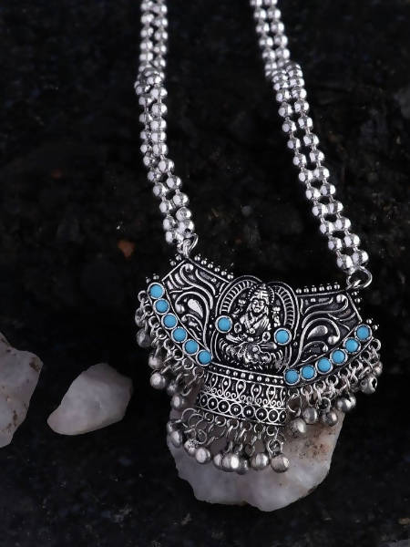 Mominos Fashion Johar Kamal Oxidised Laxmi Mata With Tarquiose Stones Long Necklace | Swadesiicart