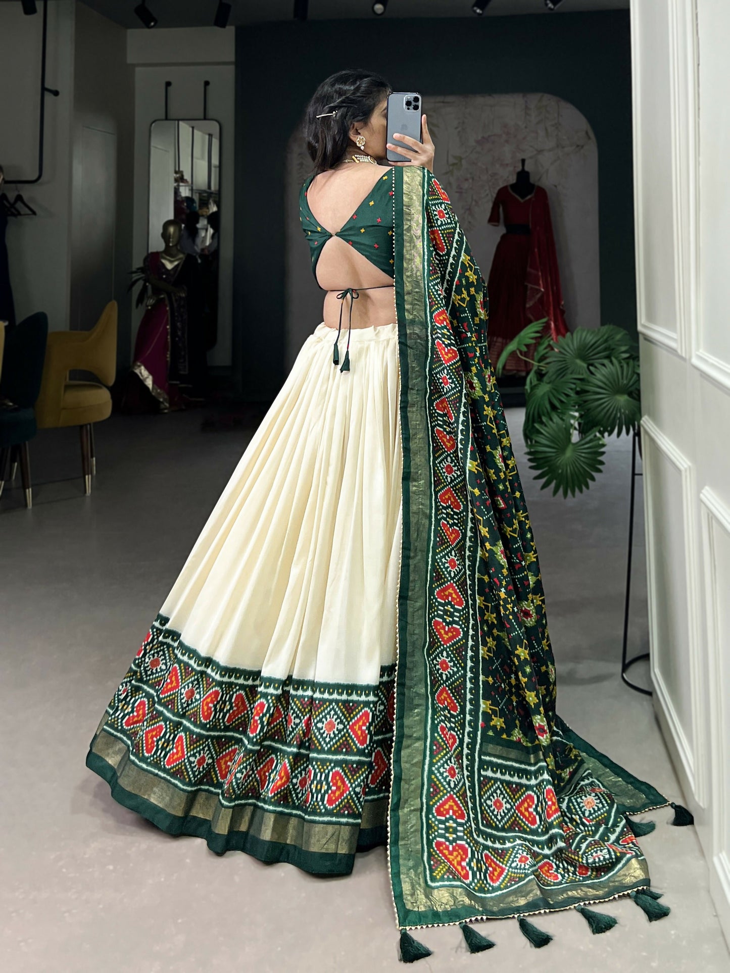 Lorenvalley Offwhite and Green Tussar Silk Patola Print Lehenga Choli | Swadesiicart