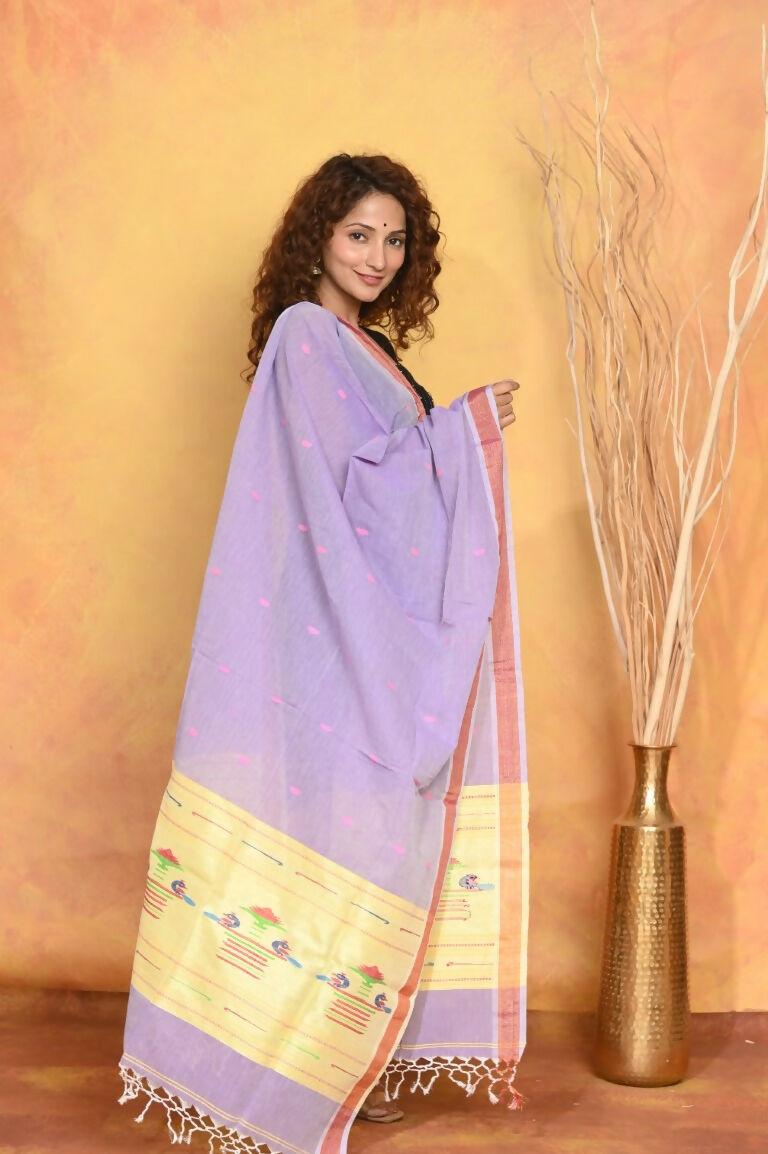 Very Much Indian Handloom Pure Cotton Paithani Dupatta - Lavender | Swadesiicart