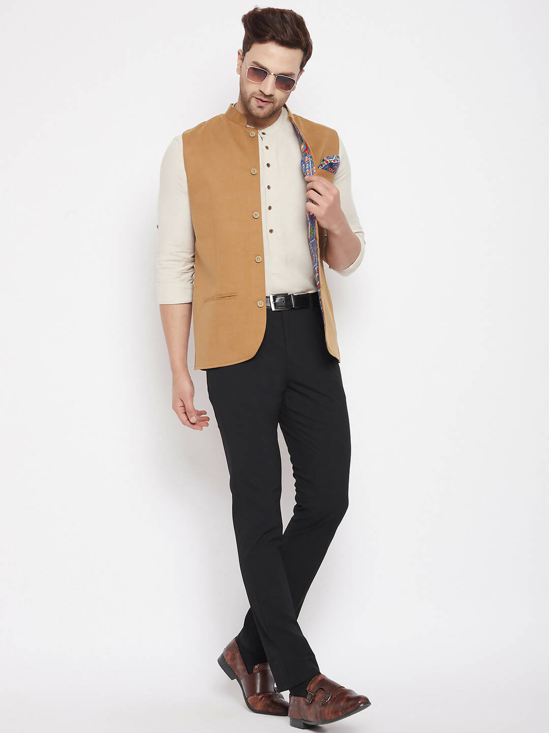 Even Apparels Brown Polyester Men's Nehru Jacket-Contrast Lining-Inbuilt Pocket Square | Swadesiicart