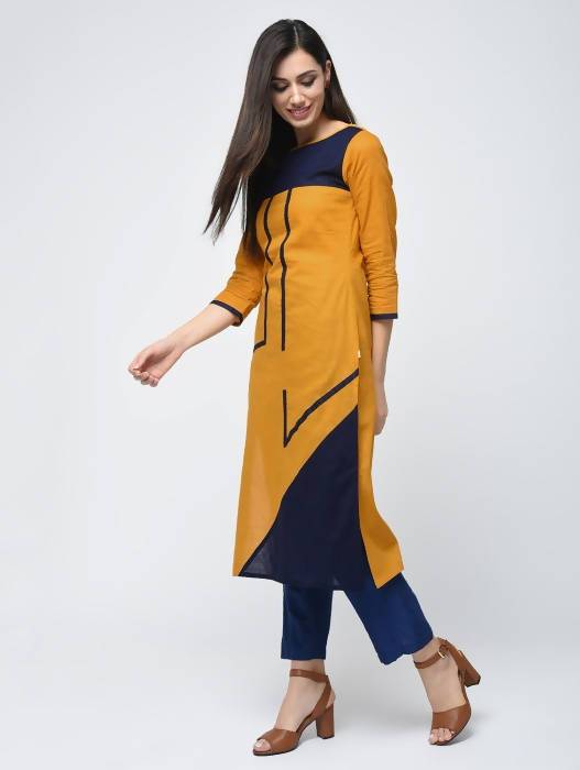 Aniyah Cotton Color Block Straight Kurta In Mustard Color (AN-102K) - Swadesiicart