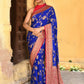Joban Fashion Ink Blue Crepe Chiffon Pure Handloom Banarasi Silk Saree | Swadesiicart