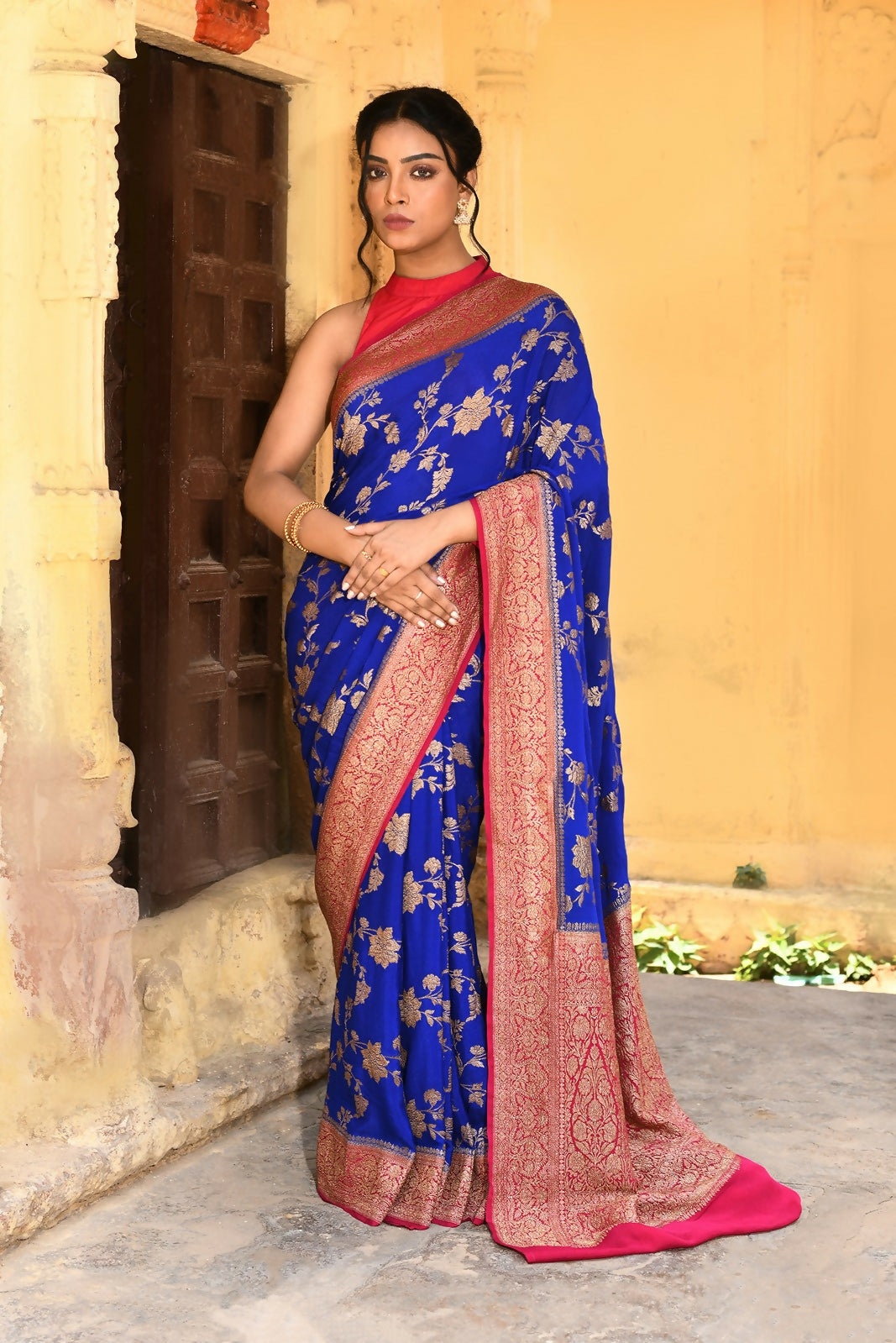 Joban Fashion Ink Blue Crepe Chiffon Pure Handloom Banarasi Silk Saree | Swadesiicart