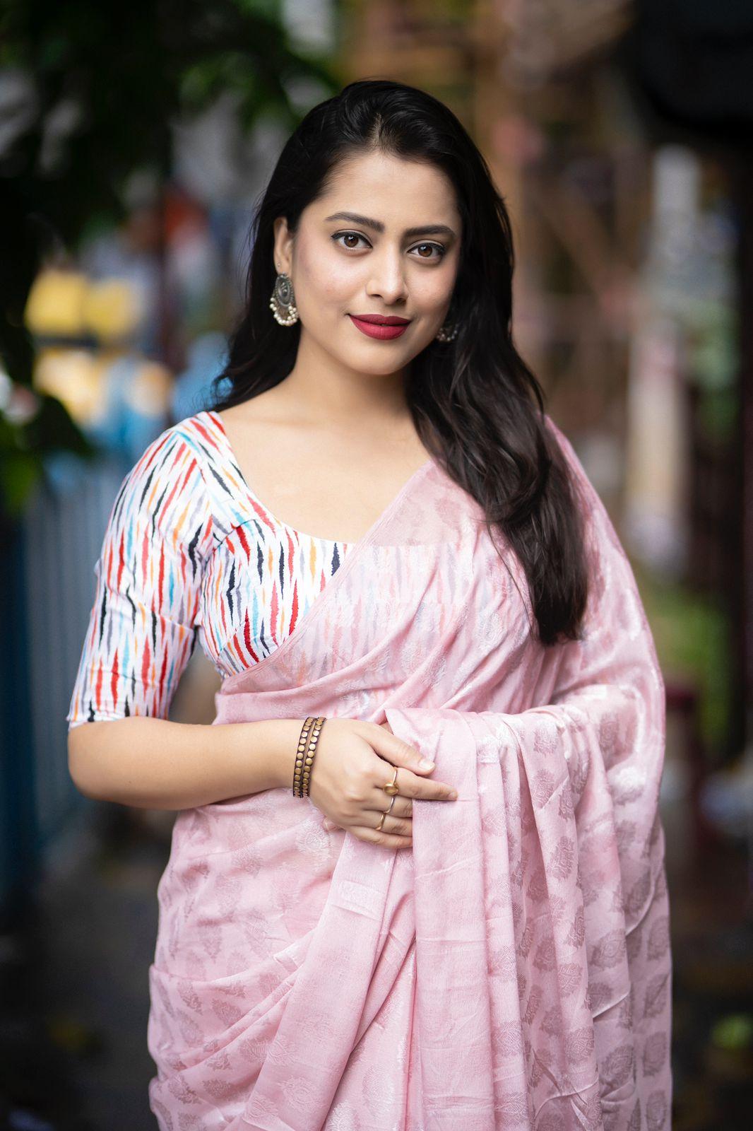 Pink Poly Crepe Ethnic Motifs Saree with Unstitched Blouse - Hiral Fashion | Swadesiicart