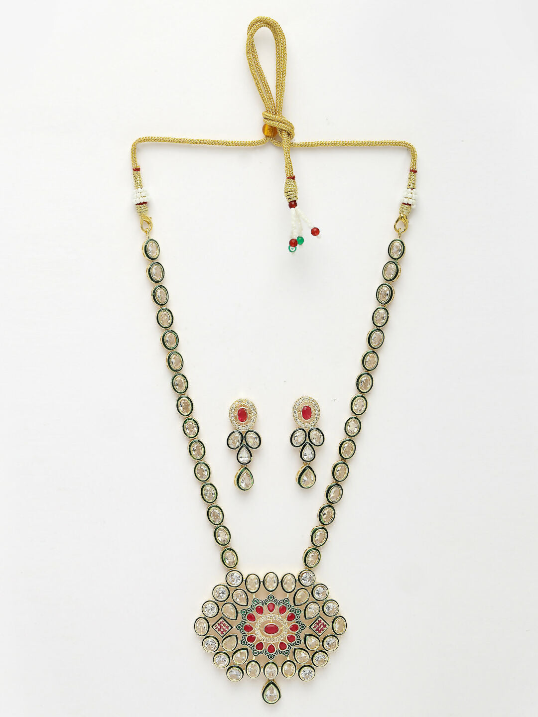 NVR Women's Red & Gold Kundan Studded Handcrafted Jewellery Set - Swadesiicart