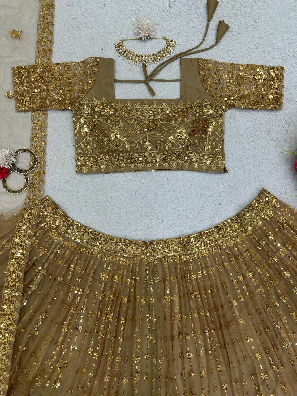 Jyoti Fashion Women's Beige Butterfly Net Sequins with Thread Embroidered Designer Lehenga Choli Set | Swadesiicart