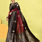 Joban Fashion Maroon & Black Plain With Weaving Border Banarasi Silk Sarees | Swadesiicart