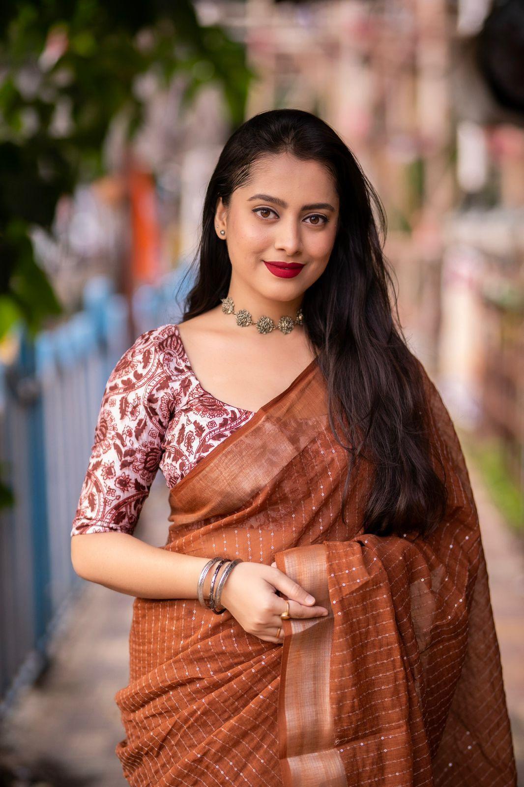 Brown Linen Sequence Saree with Unstitched Blouse - Hiral Fashion | Swadesiicart