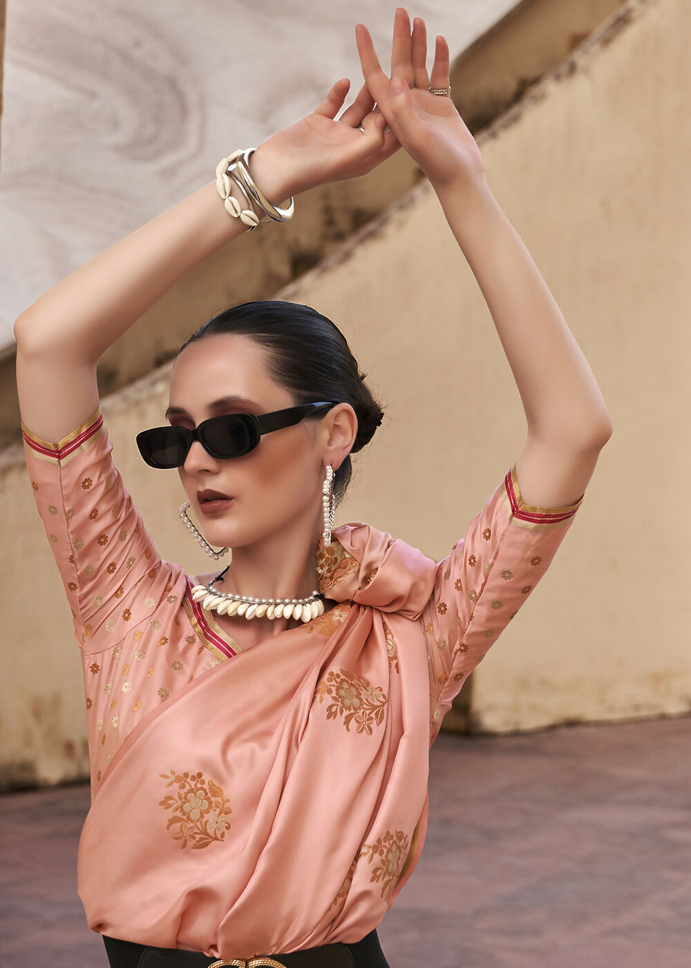 Coral Pink Pure Satin Zari Weaving Wedding Festive Saree - Emponline | Swadesiicart