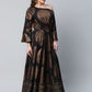 Ahalyaa Womens Black Crepe Copper Foil Printed Maxi Dress | Swadesiicart